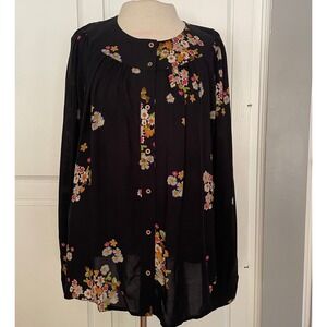 Maeve Anthropologie Black Floral Button Front Long Sleeve Blouse Size Large‎